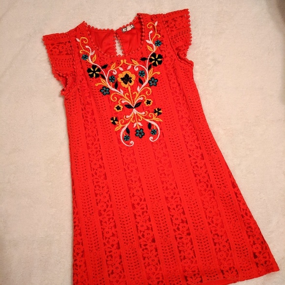 Orange crochet style dress with embroidered detail - Picture 1 of 3